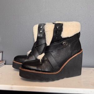 COACH Kenna Wedge Faux-Shearling Boots
